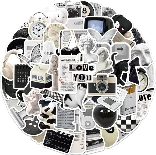 50 Pcs Vintage Black and White Stickers, Retro Black & White Waterproof Stickers Decals for Laptop Computer Skateboard Bumper, Aesthetic Vsco Vinyl Stickers for Kids Teens Girls