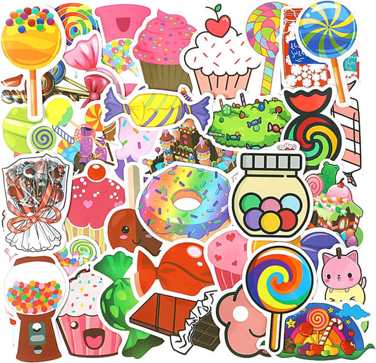 50 pcs Adorable Candy Treat Stickers - Waterproof Decals Featuring Desserts Like Ice Cream and Cupcakes, for Laptops, Water Bottles, Skateboards, for Kids and Students.