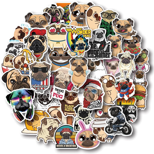 Adorable Pug Stickers - 50-Piece Pack of Kawaii Dog Stickers, Waterproof Vinyl Decals Featuring Funny Pet Puppies.