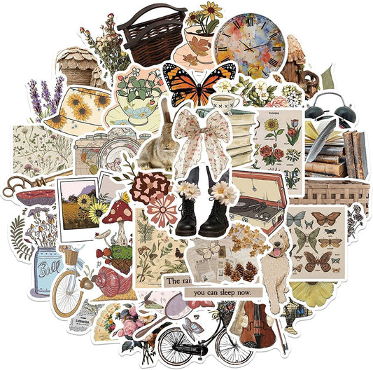 50 PCS Cute Vintage Stickers - Vinyl Stickers for Water Bottle Laptop Skateboard Phone - Wateproof Retro Sticker for Girls Boys, Self-Adhesive