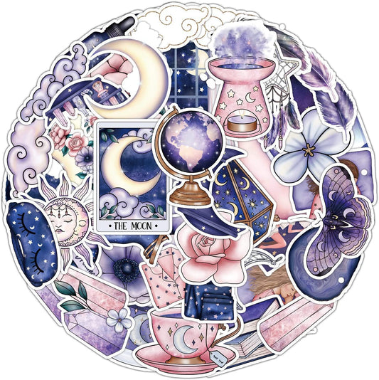 50PCS Midnight Magic Moon Stickers Cool Aesthetic Stickers for Water Bottles Stickers for Teens Girl Kids Waterproof Vinyl for Laptop Scrapbooks Guitars Luggage Bike Phone Skateboards