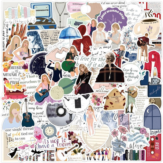 50 Pack Taylor Stickers, Waterproof Stickers, Pop Singer Decal, Scrapbook Stickers, Cute Aesthetic Trendy Music Stickers for Water Bottles Book Laptop Guitar Skateboard Suitcase