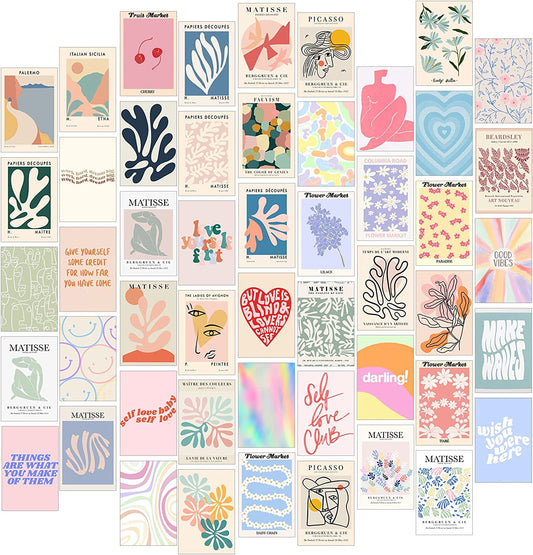Peel-N-Stick Photo Wall Collage Kit || 50 Pcs Pastel Room Decor Aesthetic, Matisse Wall Art | Small Posters For Room Decoration- Beige,Paper
