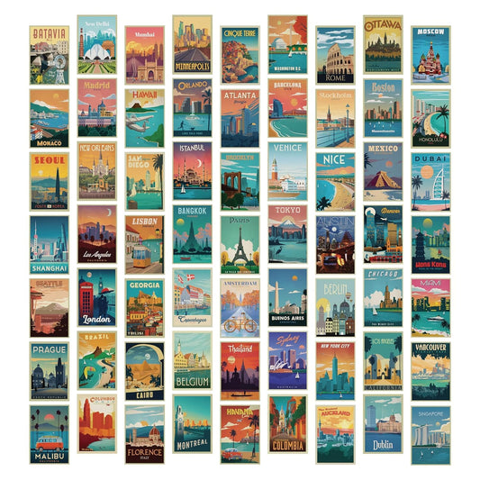 Vintage Travel Self-Adhesive Wall Art Prints - Set of 40 Retro City Photo Collage Kit, Aesthetic Pictures for Teen Dorm Bedroom Decor (4"x6")